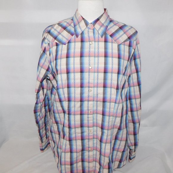 WRANGLER Womens L Pink Blue White Western Pearl Snap Shirt - Picture 6 of 14